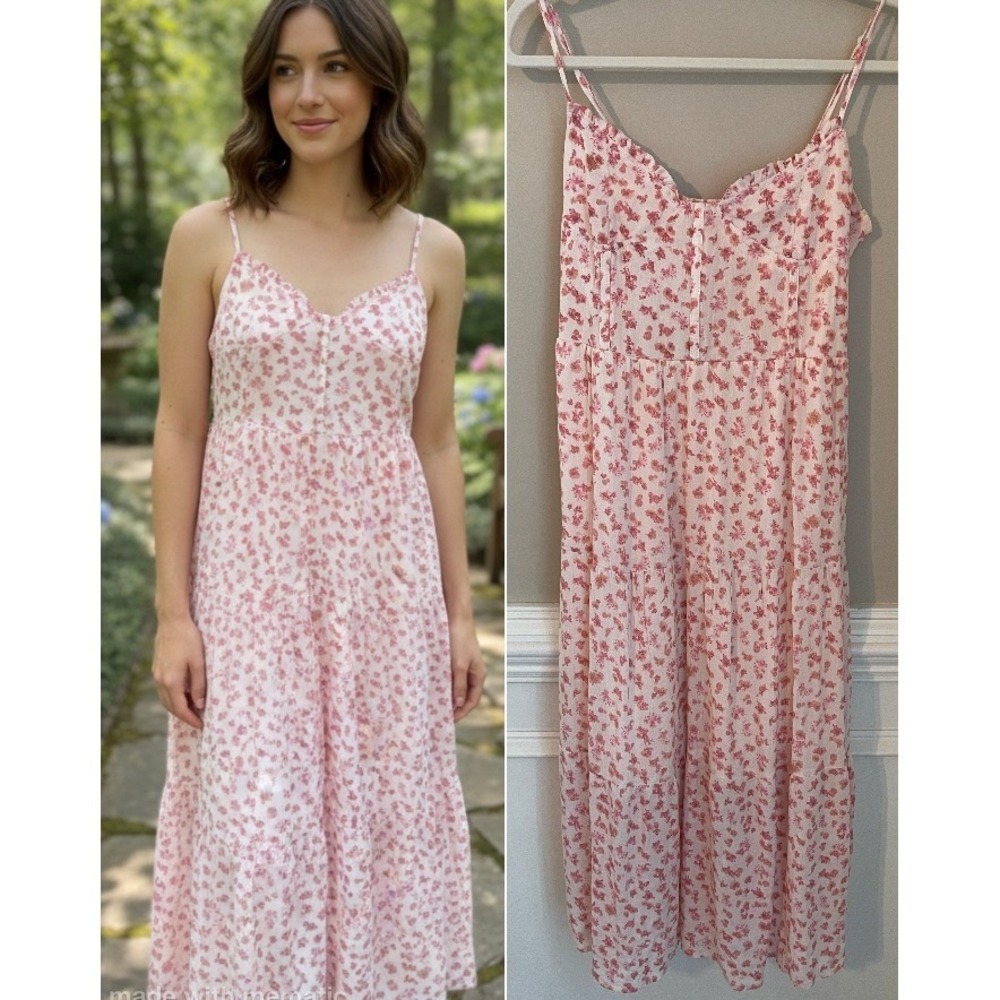Dee Elly Size‎ M Pink Ditsy Floral Corset Tiered Midi Dress Country Cottagecore